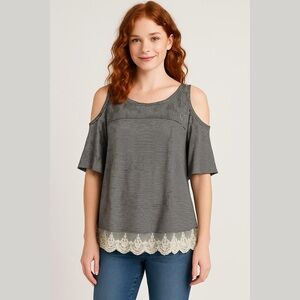 Umgee Black and White Striped Cold Shoulder Lace Top